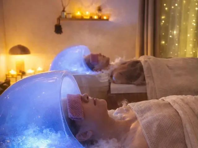 Deux personnes allongées côte à côte, la tête dans un dôme de mousse lumineux, à la lueur des bougies